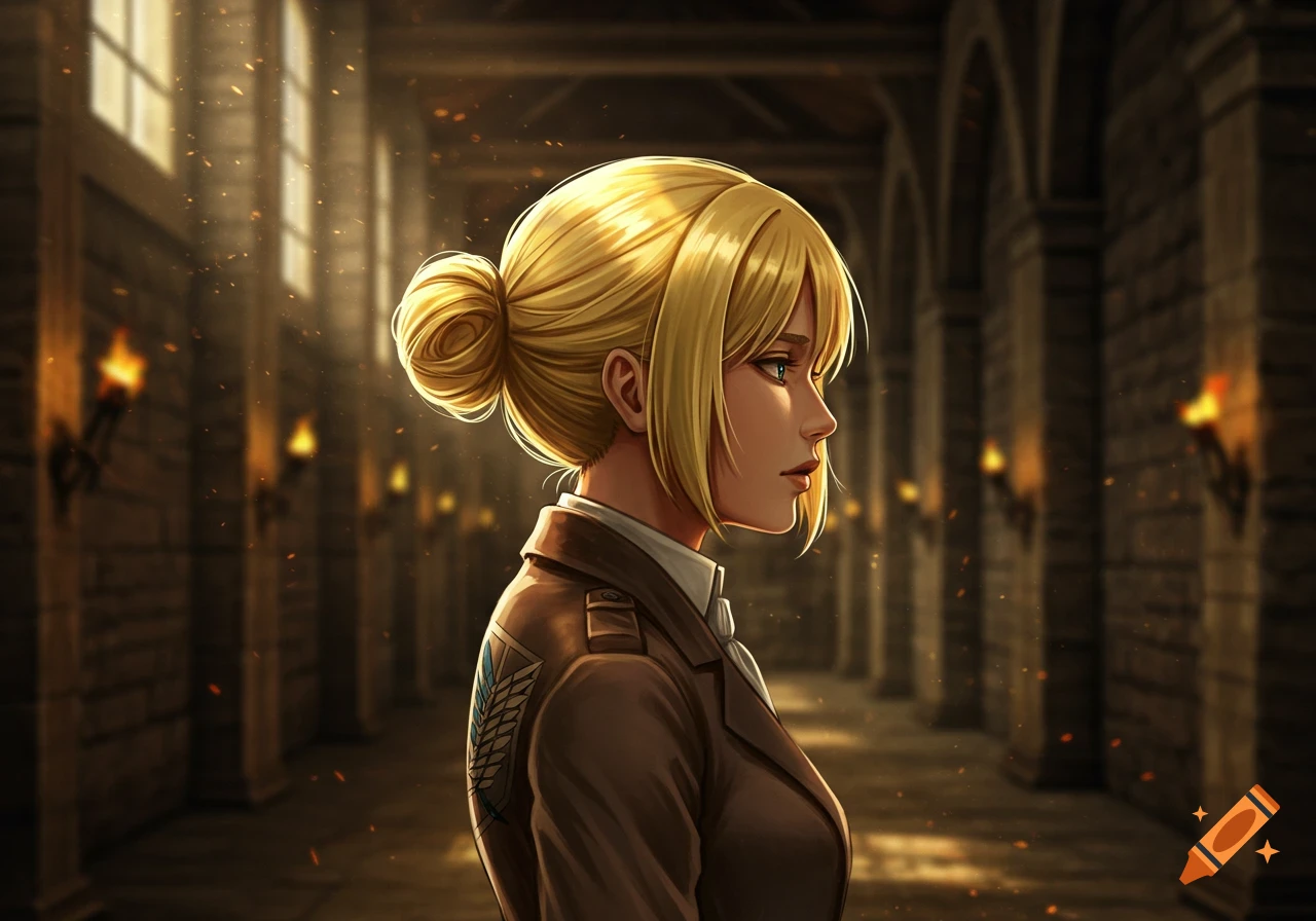 Anime illustration of a blonde woman with a bun, wearing a brown uniform, standing in a dim stone hall with torchlight and sunbeams.
