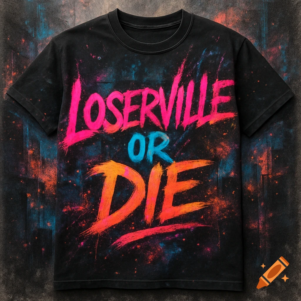 A black t-shirt with a neon pink 'Loserville', blue 'OR', and orange 'DIE' text, featuring a vibrant paint splatter design.