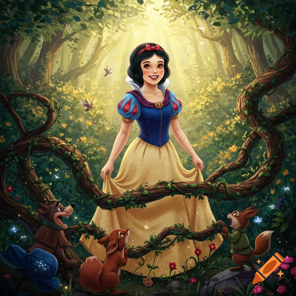 Snow White, in her classic dress, stands smiling in a sunlit enchanted forest surrounded by small woodland animals.