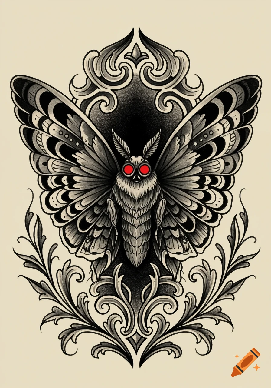 Traditional tattoo style illustration of a moth with prominent red eyes and ornate black and white filigree details.
