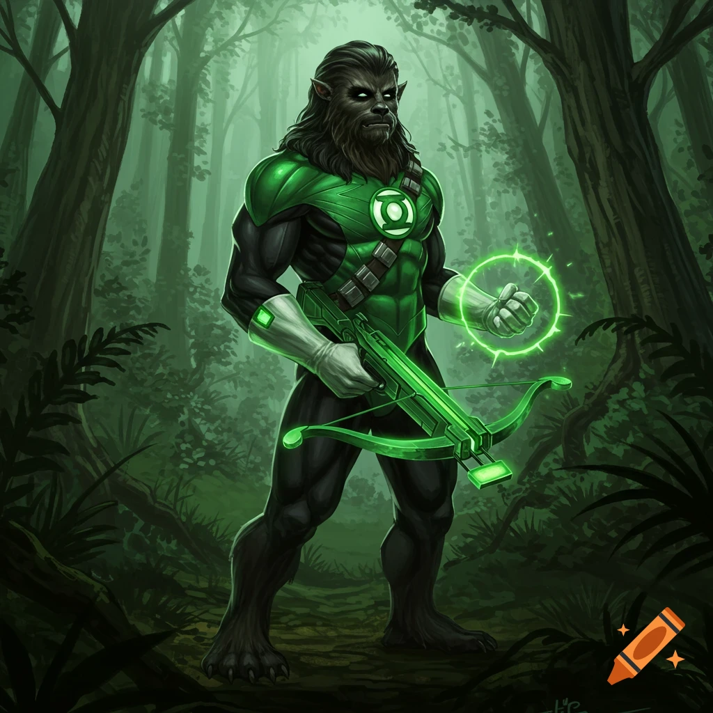 A Wookie-like Green Lantern in a green and black suit holds a glowing green crossbow in a dense forest.