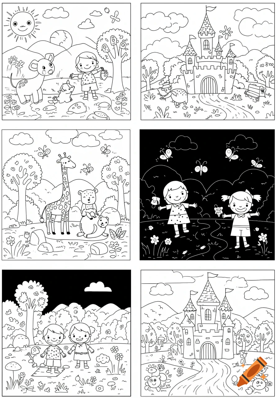 Six simple black and white coloring page illustrations for children, featuring scenes with animals, kids in nature, and enchanted castles.
