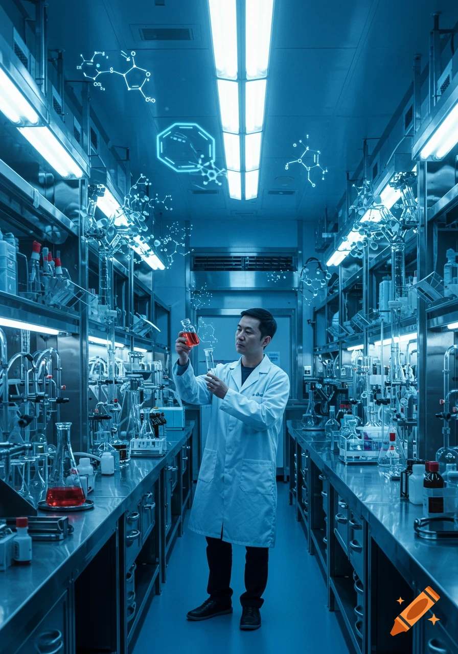 A scientist in a lab coat holding beakers with red liquid in a futuristic laboratory, surrounded by glowing blue chemical structures.