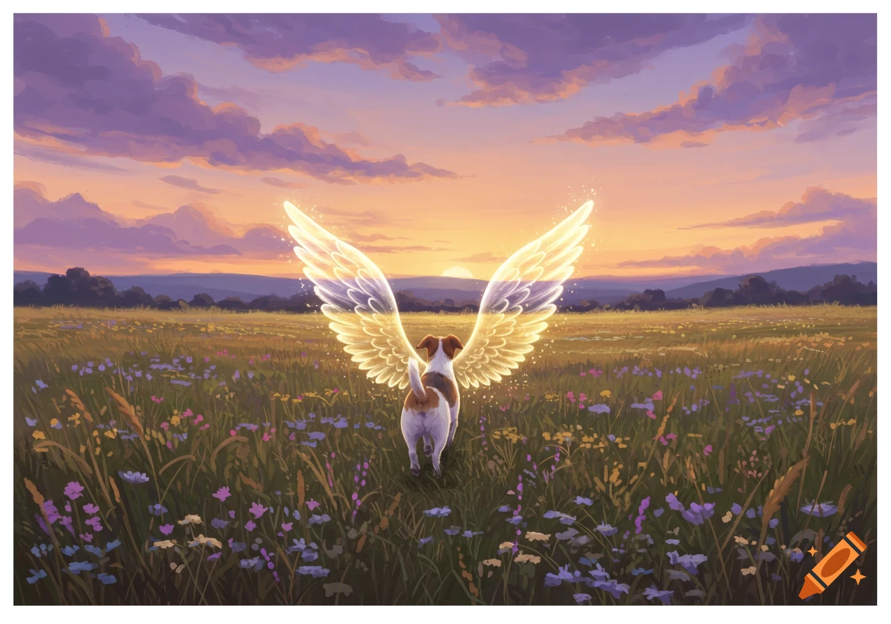 A small dog with glowing golden angel wings walks into the distance across a field of wildflowers at sunset in a painting.