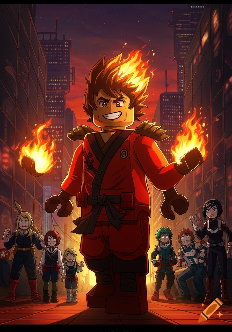 A towering Lego Kai from Ninjago wields fire in a city street, with smaller My Hero Academia anime characters reacting in the foreground at sunset.