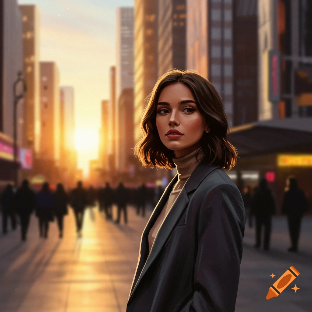 A woman with short brown hair looks over her shoulder on a bustling city street at sunset, wearing a blazer and turtleneck.