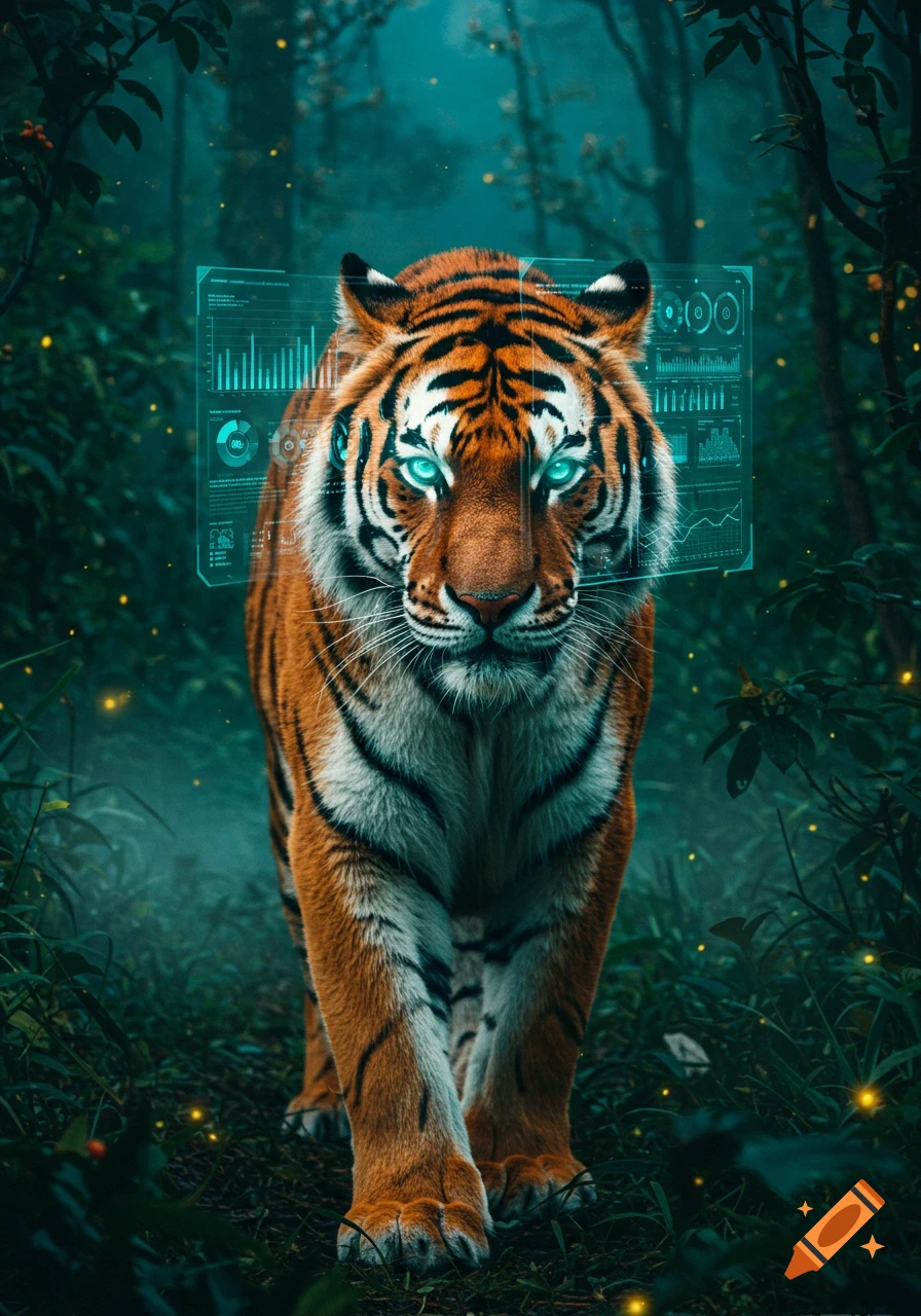 Photorealistic image of a tiger with glowing blue eyes and a holographic heads-up display walking through a dark, misty forest.
