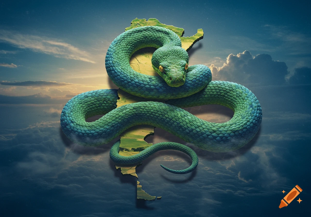 A detailed green snake coiled around a map of Argentina, floating in a cloudy sky.