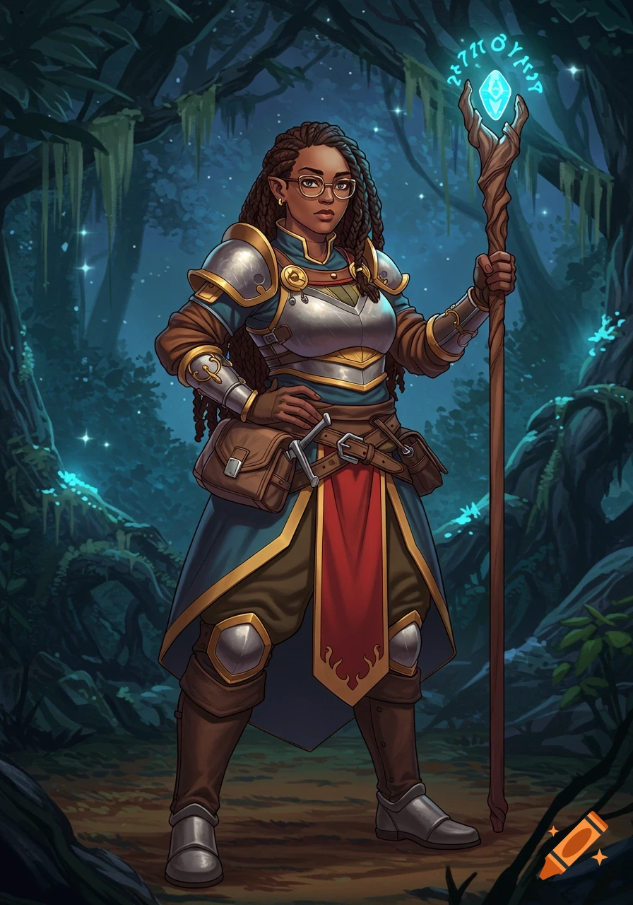 An anime-style fantasy illustration of a Black woman in armor with a glowing magical staff in a mystical forest.