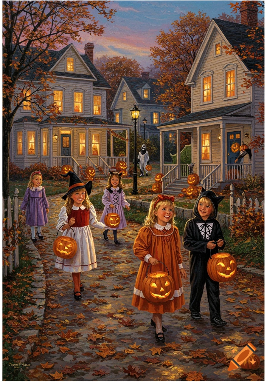 Painting of children trick-or-treating on an autumn evening, with glowing jack-o'-lanterns and illuminated houses in a cozy neighborhood.