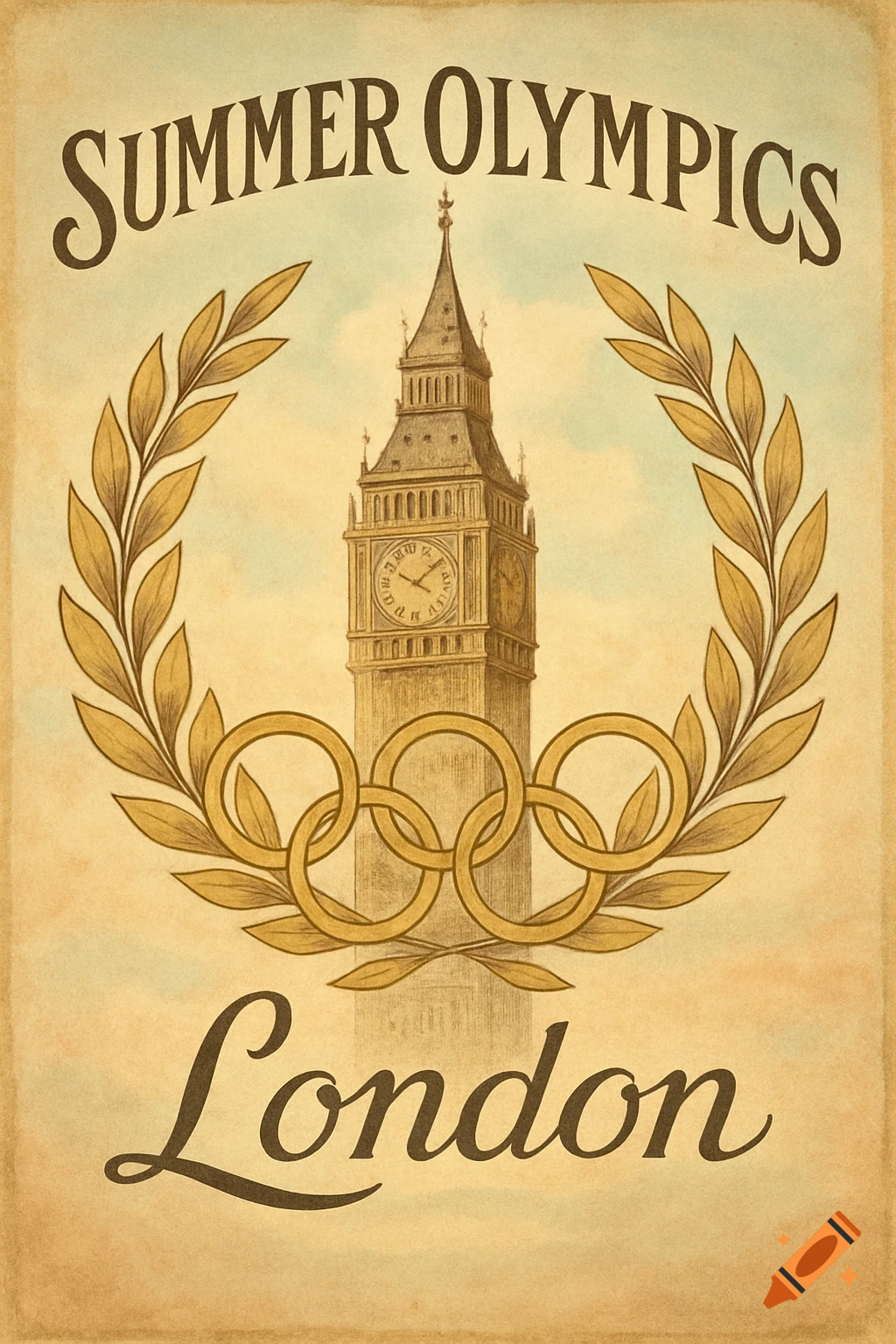 A vintage-style Summer Olympics poster for London featuring Big Ben, a laurel wreath, and Olympic rings.
