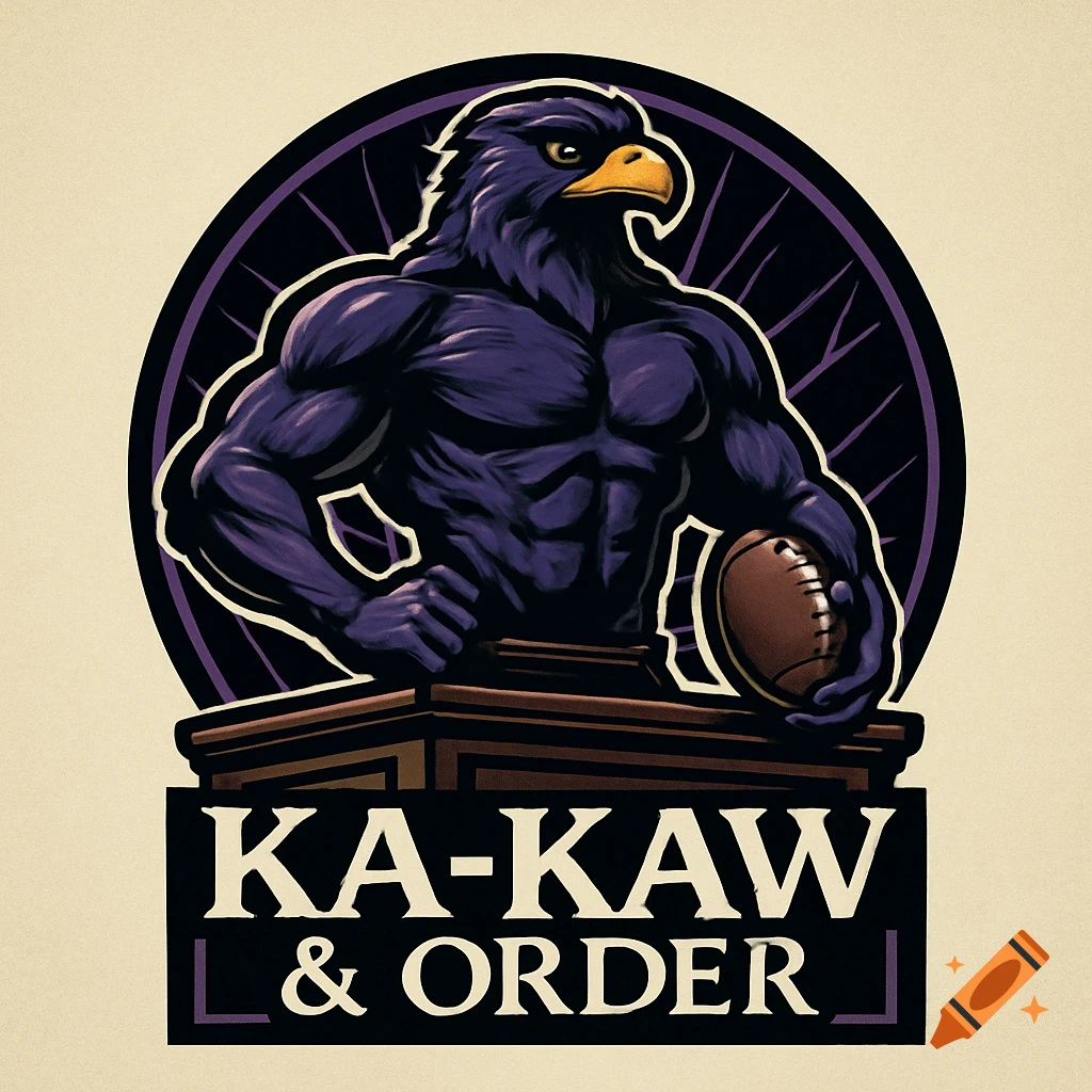 A logo featuring a muscular purple hawk man holding a football while standing behind a trial bench. Text below reads "KA-KAW & ORDER".