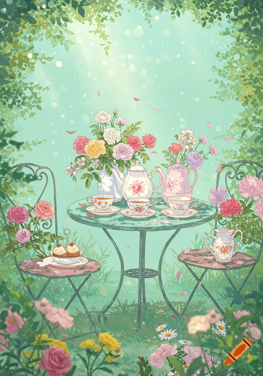 An enchanting illustration of a garden tea party with a table laden with teapots, teacups, and vibrant flowers.
