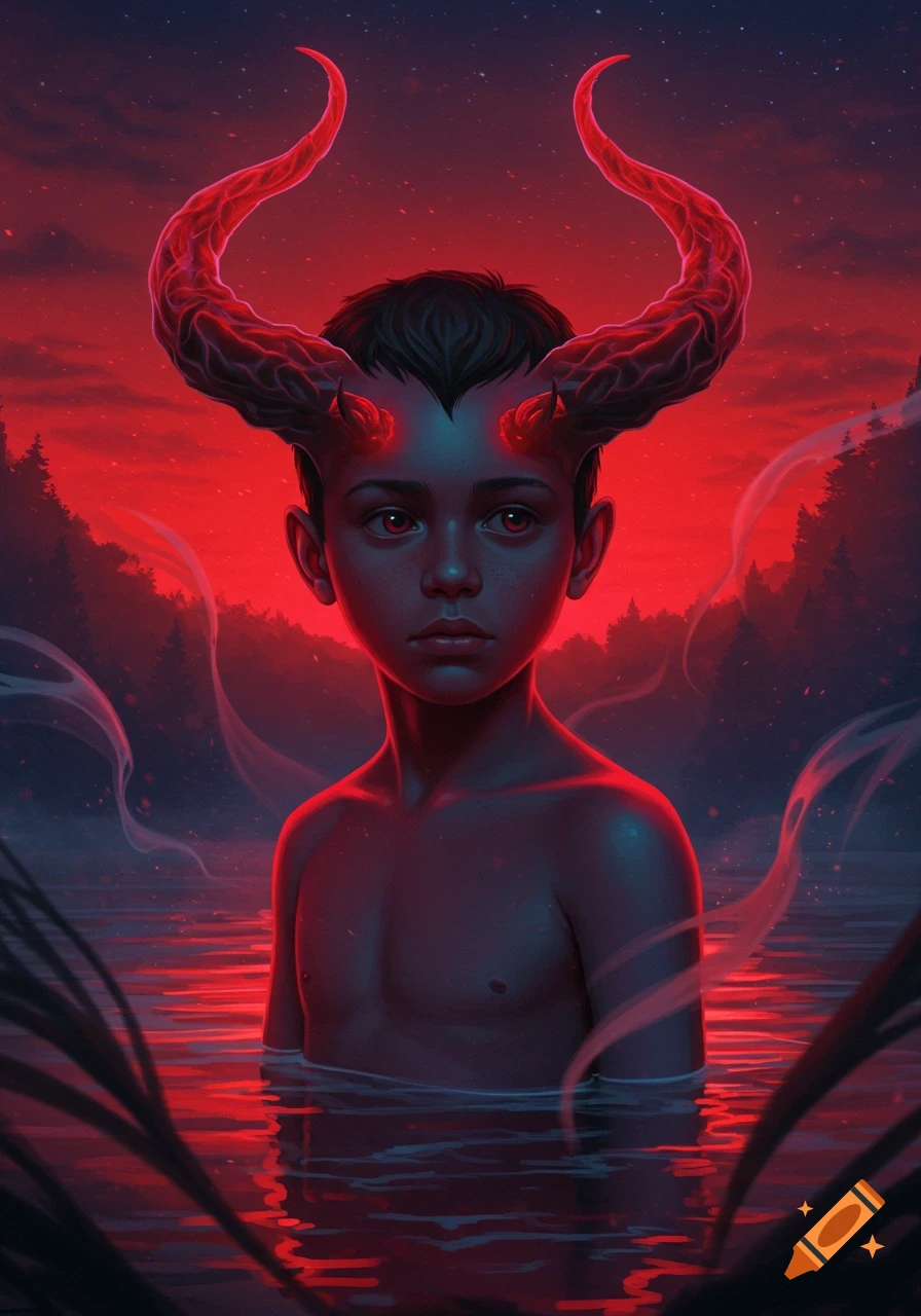 A dark fantasy art portrait of a boy with glowing red demon horns standing in red water under a red night sky.