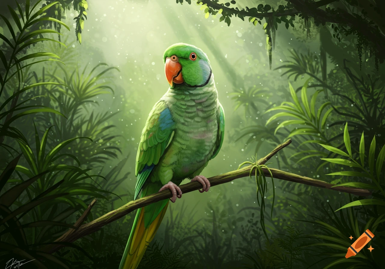 A vibrant green parrot with an orange beak sits on a branch in a lush, sunlit jungle.