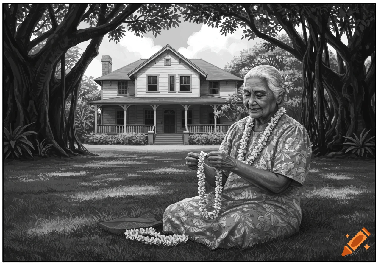 A black and white illustration of an elderly Hawaiian woman sitting on a lawn, making a lei, with a house and large trees in the background.