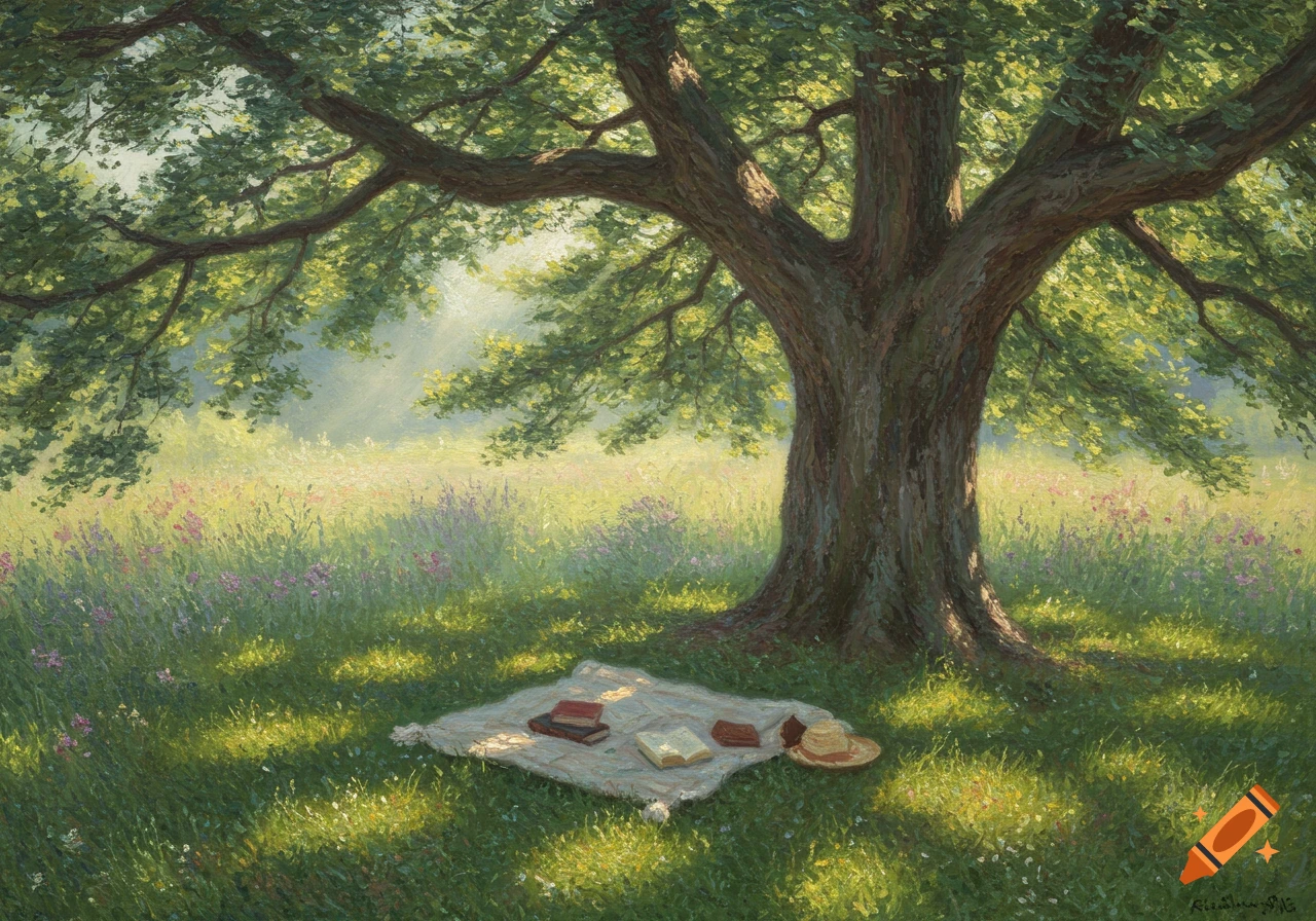 A vibrant Impressionistic painting of a large tree shading a sun-dappled grassy meadow with a blanket, books, and a hat.