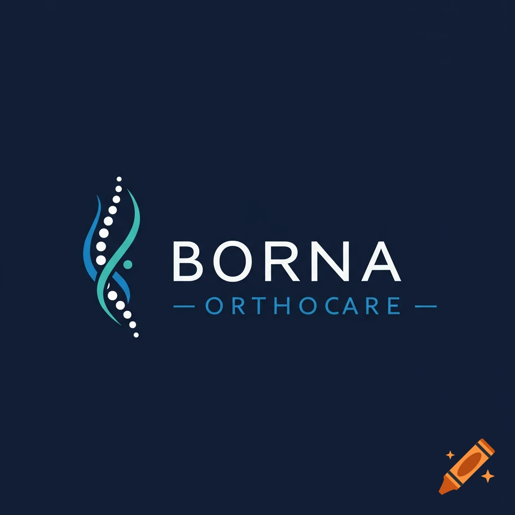 A modern logo for Borna OrthoCare with a stylized spine symbol in blue and teal against a dark blue background.