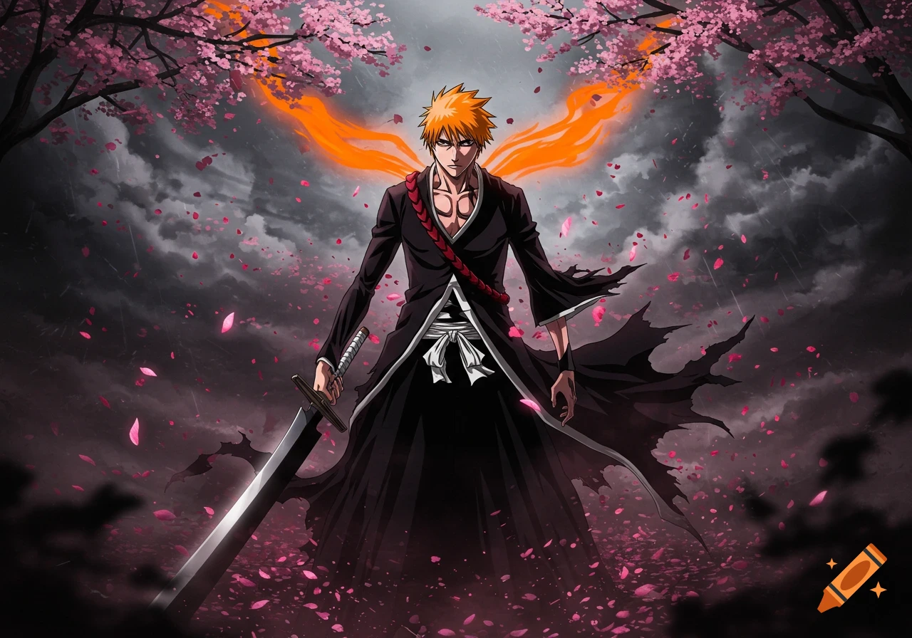 Anime character with orange hair, black robe, and glowing orange wings, holding a large sword amidst falling pink cherry blossoms under a stormy sky.