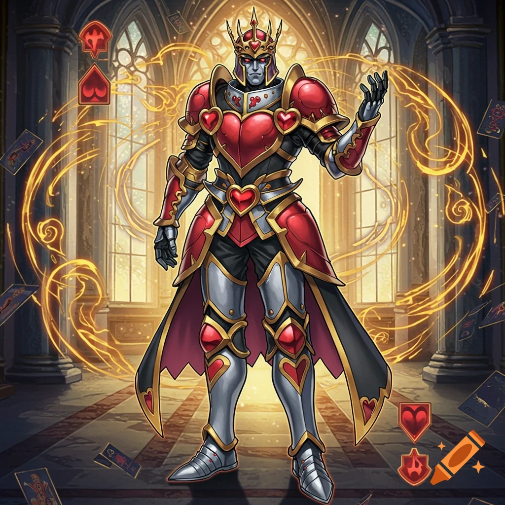 A king of hearts armored knight stands in a gothic hall surrounded by floating playing cards.