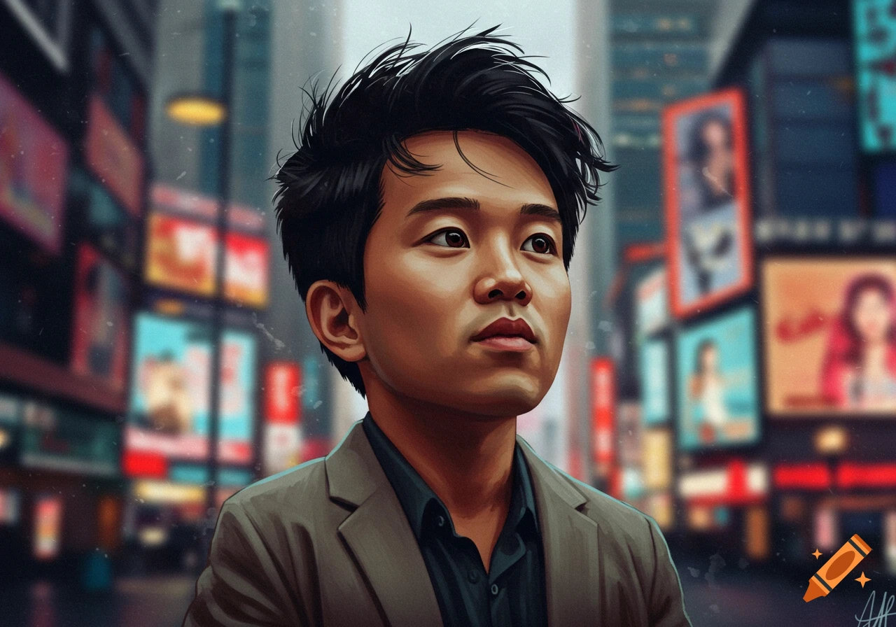 Stylized illustration of a young Asian man with spiky black hair in a city, looking up. Blurry billboards in background.