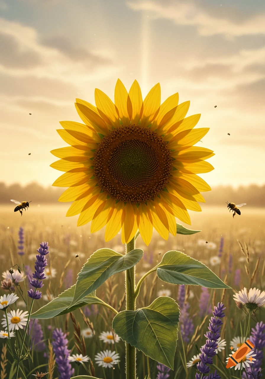 A close-up view of a vibrant sunflower standing tall in a field of lavender and daisies, with bees flying around under a glowing sky.