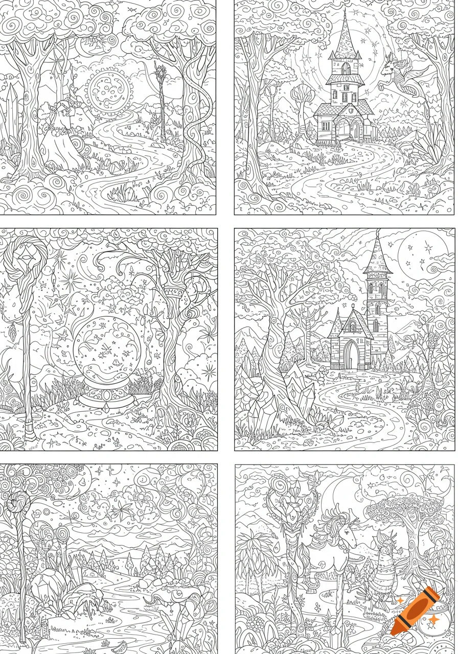 Six detailed black and white line art coloring pages with a magic theme, featuring fantasy landscapes, castles, and mystical creatures.