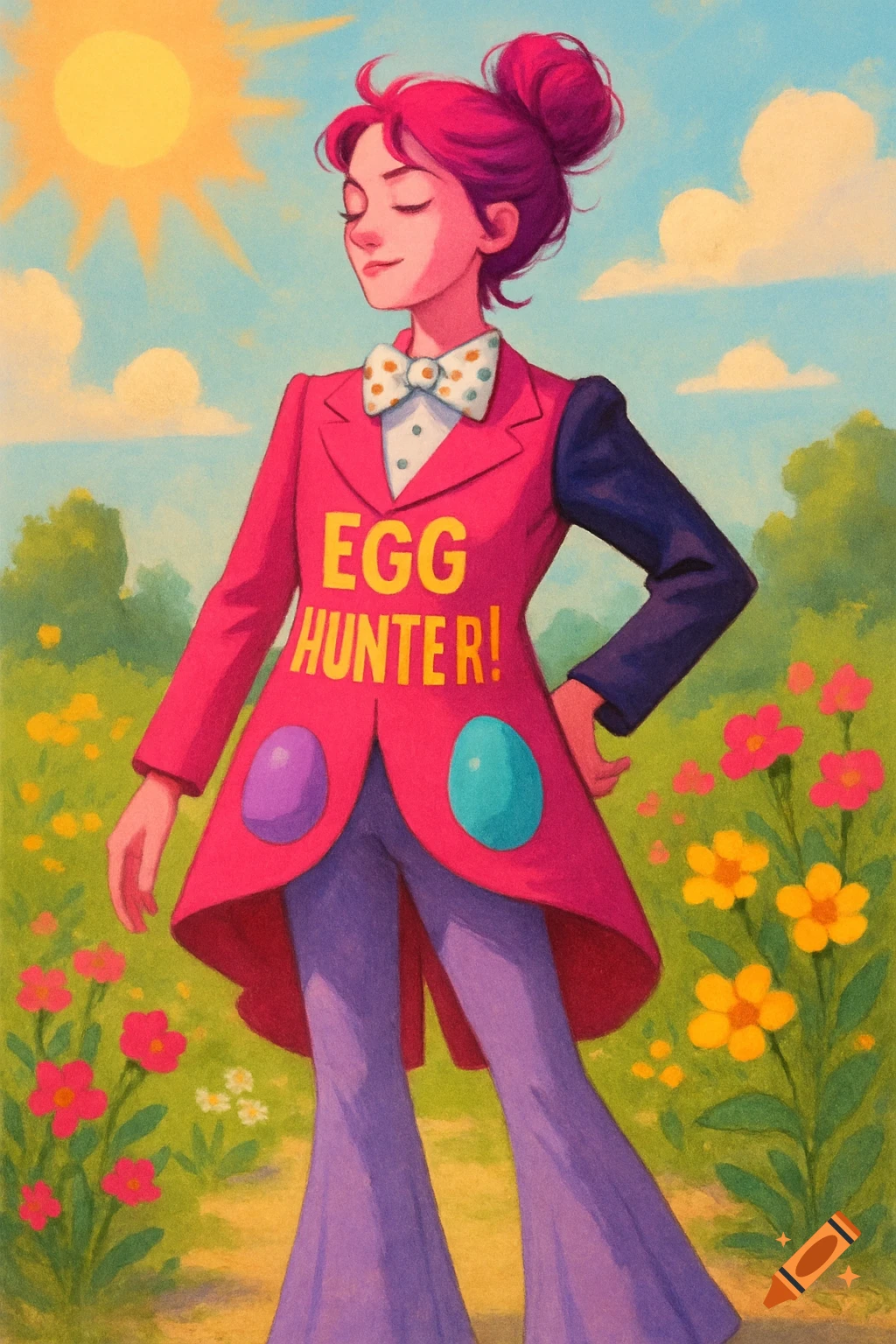 A whimsical illustration of a pink-haired person in a vibrant 'EGG HUNTER!' tailcoat and bellbottoms, standing in a sunny flower field.
