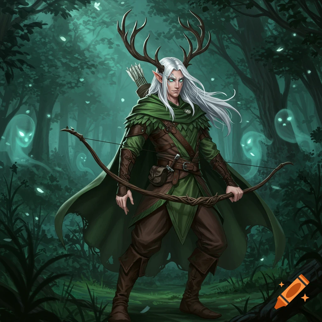 A silver-haired elf with antlers, dressed in green and brown, holds a bow in a mystical dark forest with glowing spirits. Anime style.