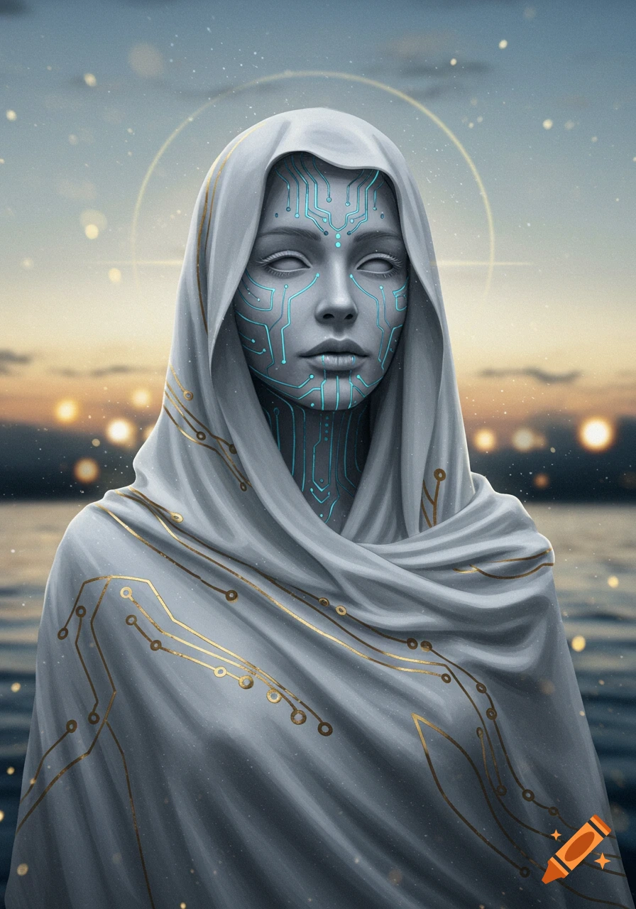 Digital art portrait of a veiled woman with blue circuit designs on her face and gold circuits on her white shroud, overlooking water at sunset.