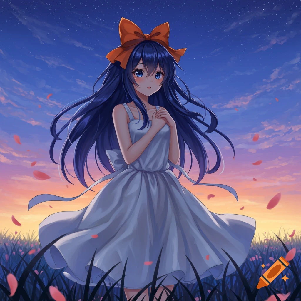 Anime girl with long blue hair, orange bow, and white dress standing in a field with petals under a starry twilight sky.