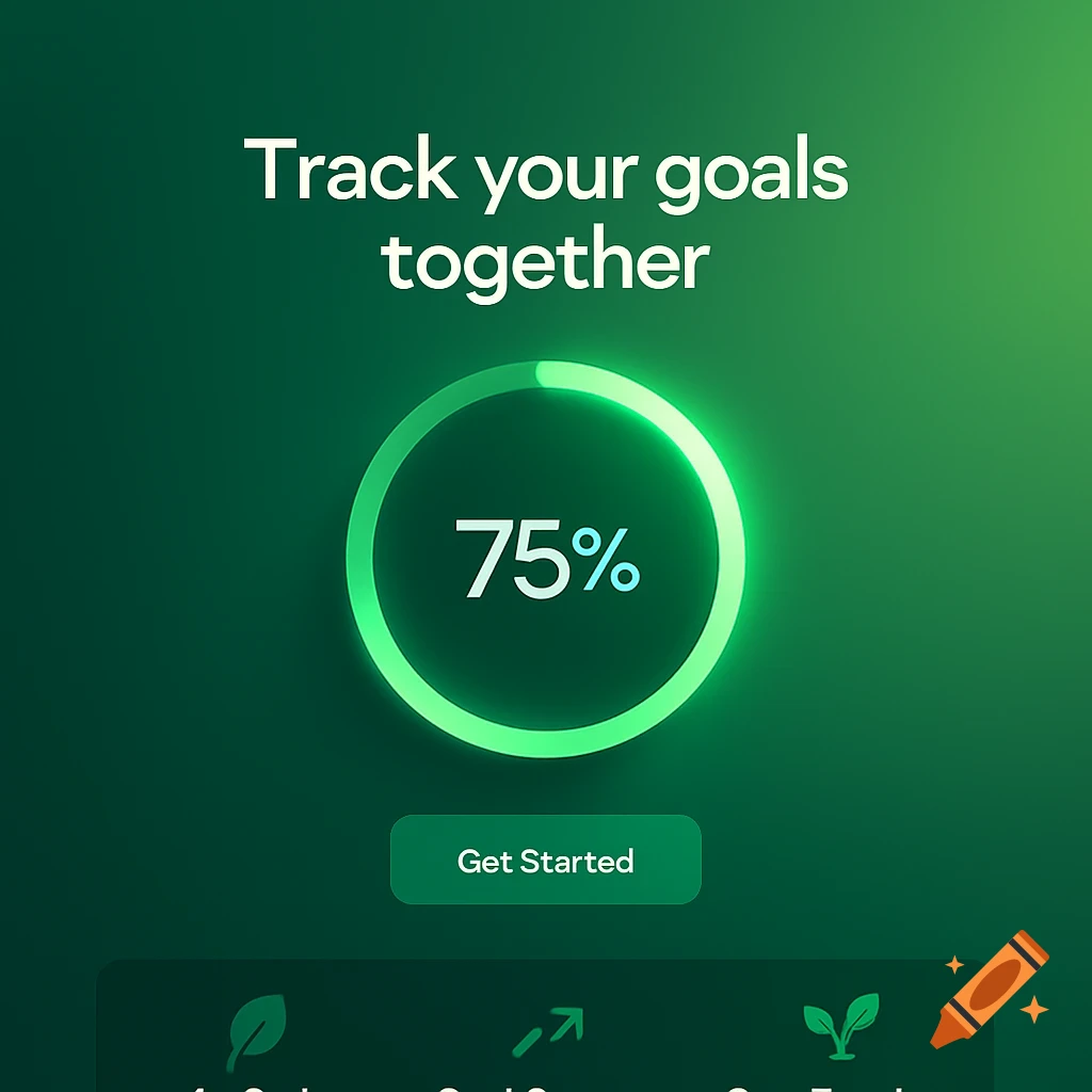 A green-themed app interface with text 'Track your goals together,' a 75% progress ring, and a 'Get Started' button.