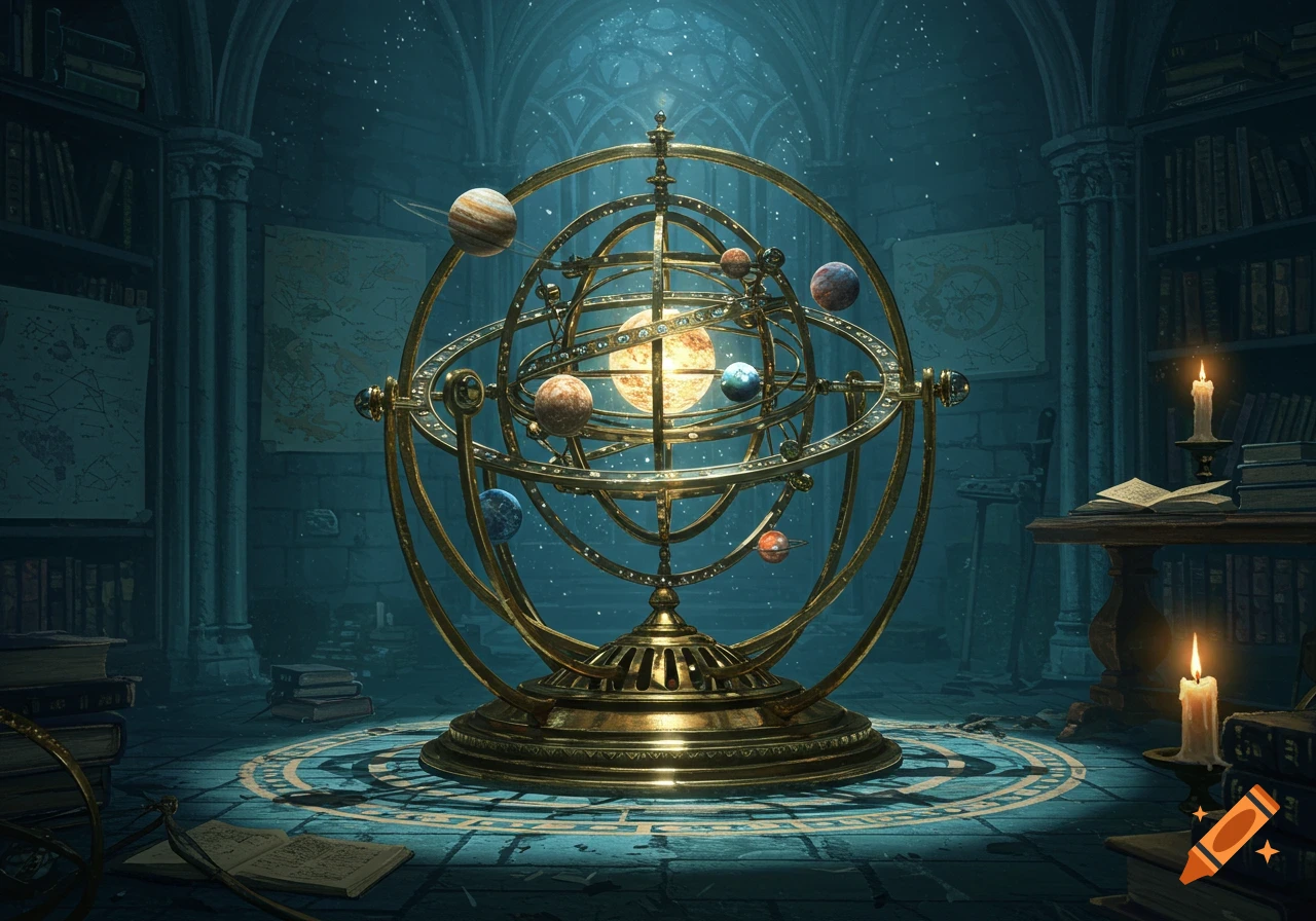 A grand, intricate golden orrery depicting a solar system in a dimly lit, mysterious fantasy library or observatory.