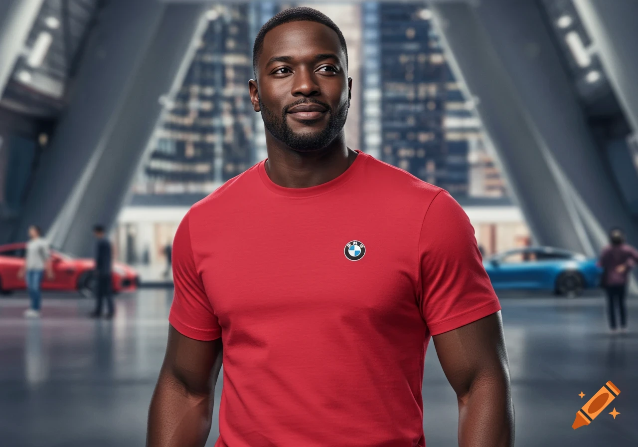 A Black man wearing a red t-shirt with a BMW logo stands in a modern car showroom with blurred cars in the background.