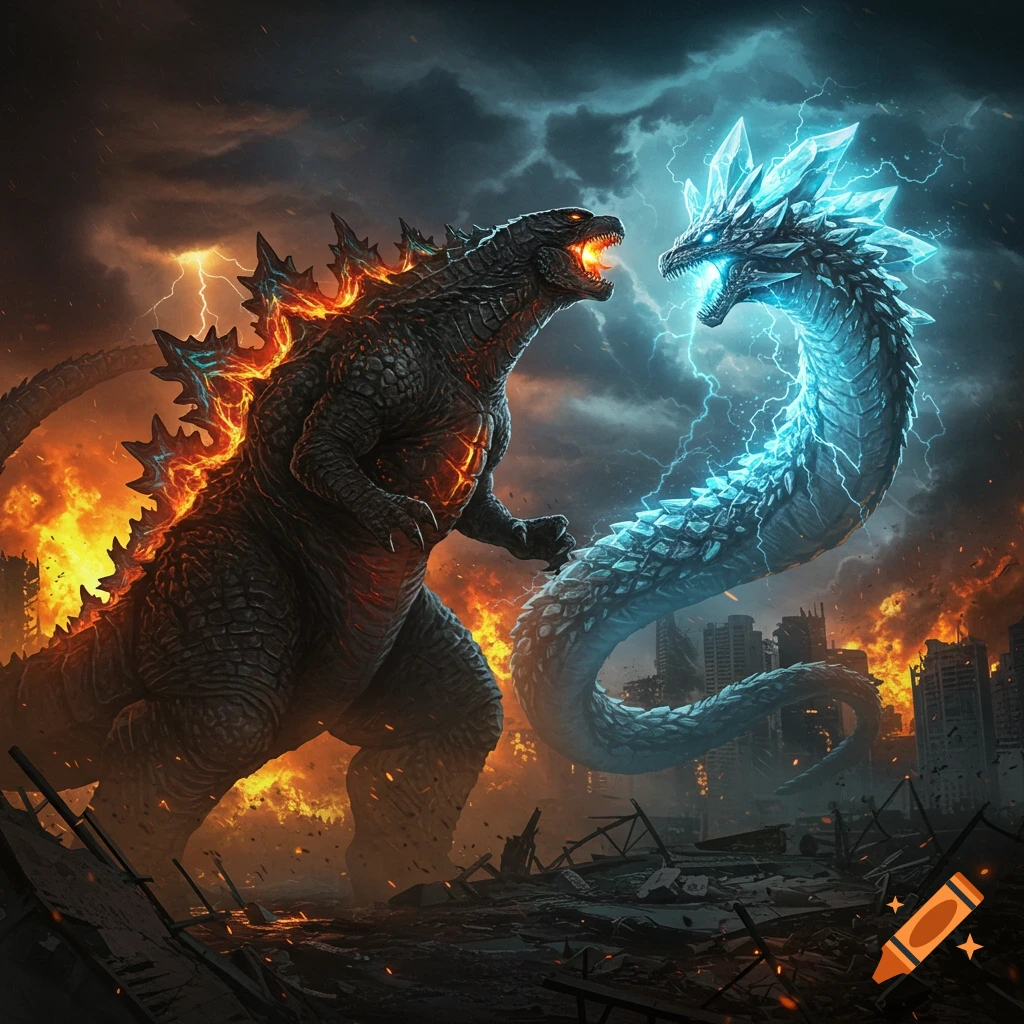 Godzilla roars at an icy crystal dragon, both bathed in lightning, amidst a burning, ruined city under a stormy sky.