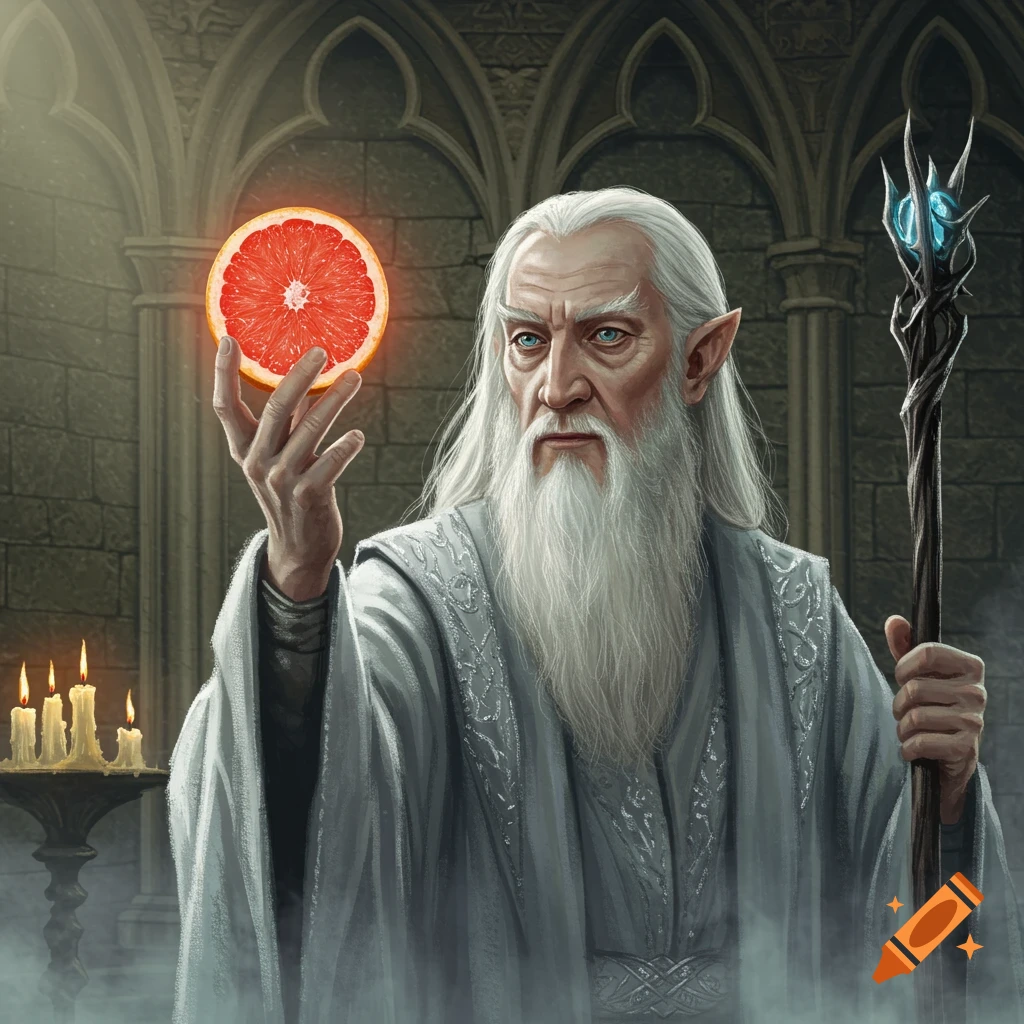 A white-haired wizard with a long beard holds a glowing grapefruit and a staff in a gothic stone chamber.