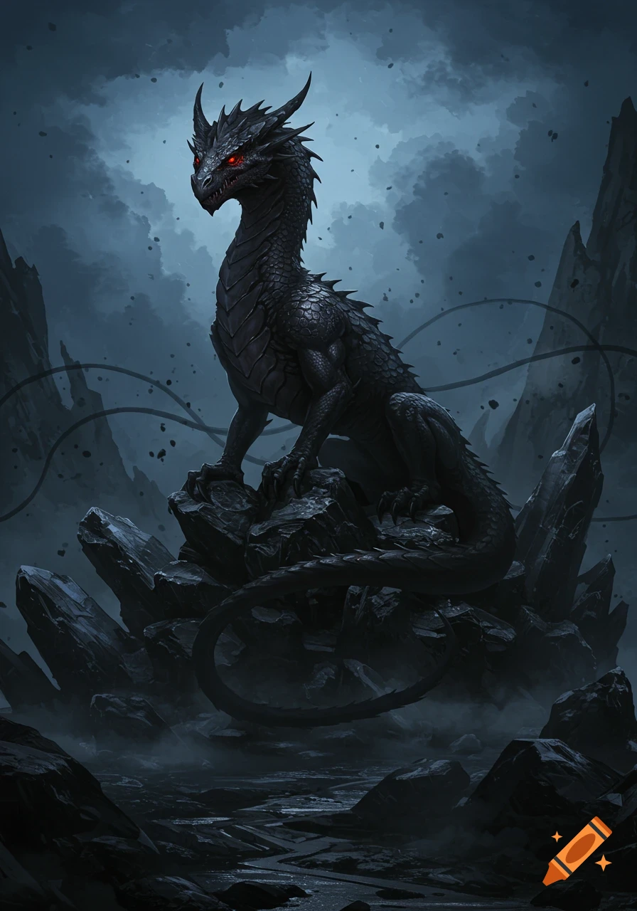 A dark, coal-black dragon with glowing red eyes sits on a pile of jagged rocks in a gloomy, misty landscape.
