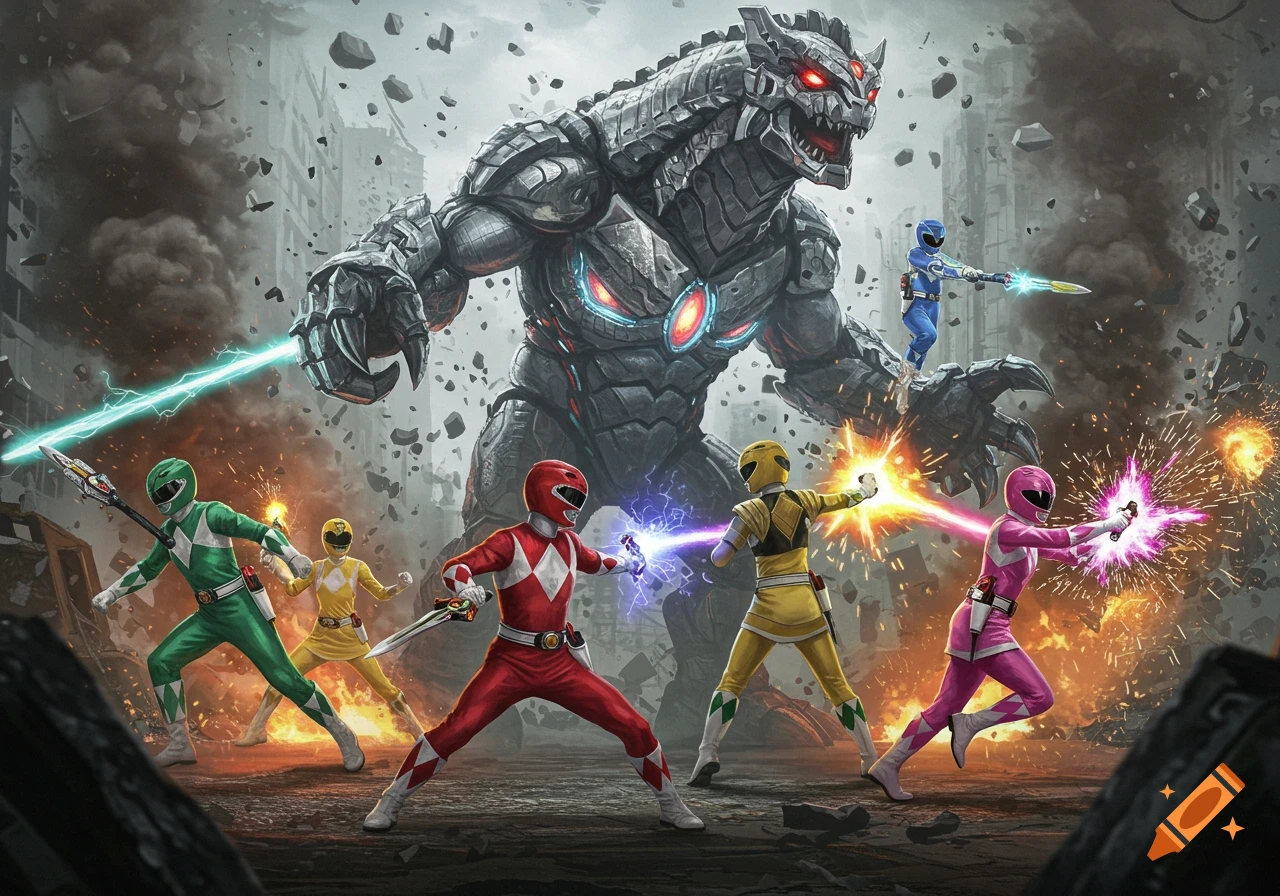 Power Rangers battle a giant armored monster in a destroyed city, firing energy blasts.