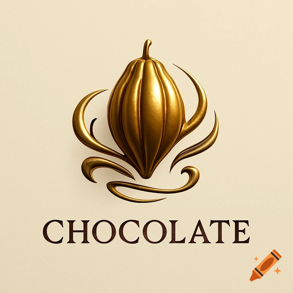 An elegant golden cacao pod logo with abstract flourishes and the word CHOCOLATE beneath it.