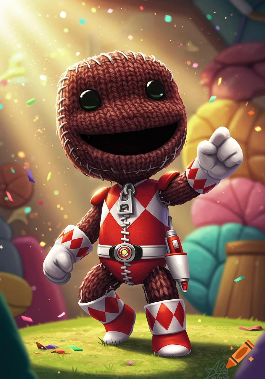 Sackboy from Little Big Planet dressed in a vibrant red and white Power Ranger suit, smiling and posing with confetti falling around him in a bright, playful setting.