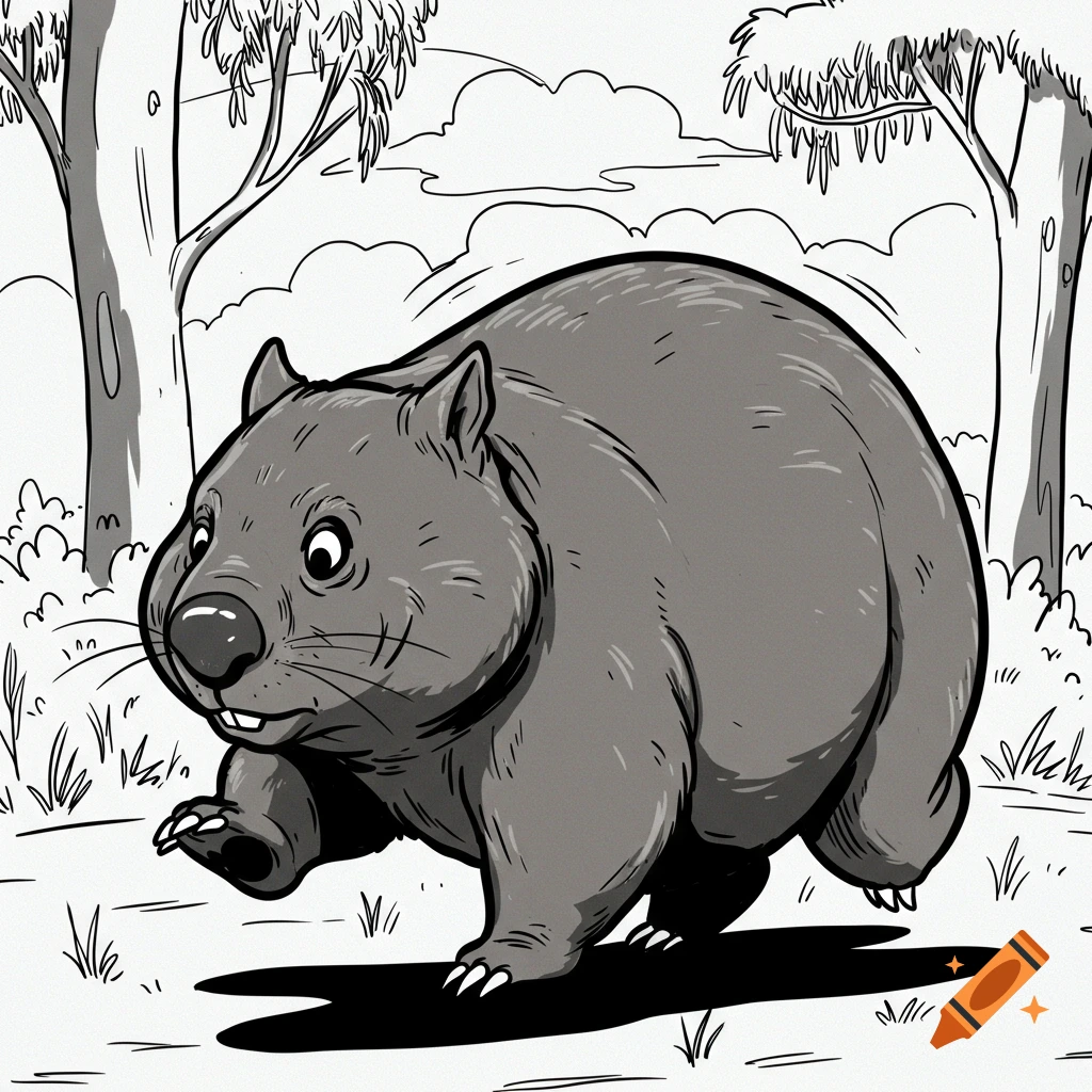 A grey cartoon wombat with big eyes and a slight smile walks through a forest in a black and white comic book style.