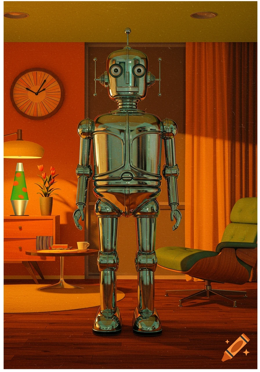 A chrome robot stands in a 60s style living room with a lava lamp, a clock, and a green armchair.