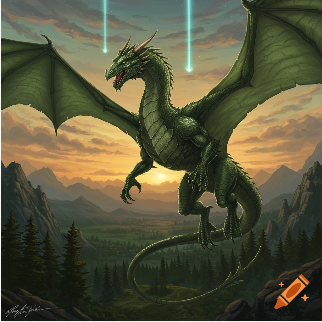 A majestic green dragon with large wings hovers above a forest valley at sunset.