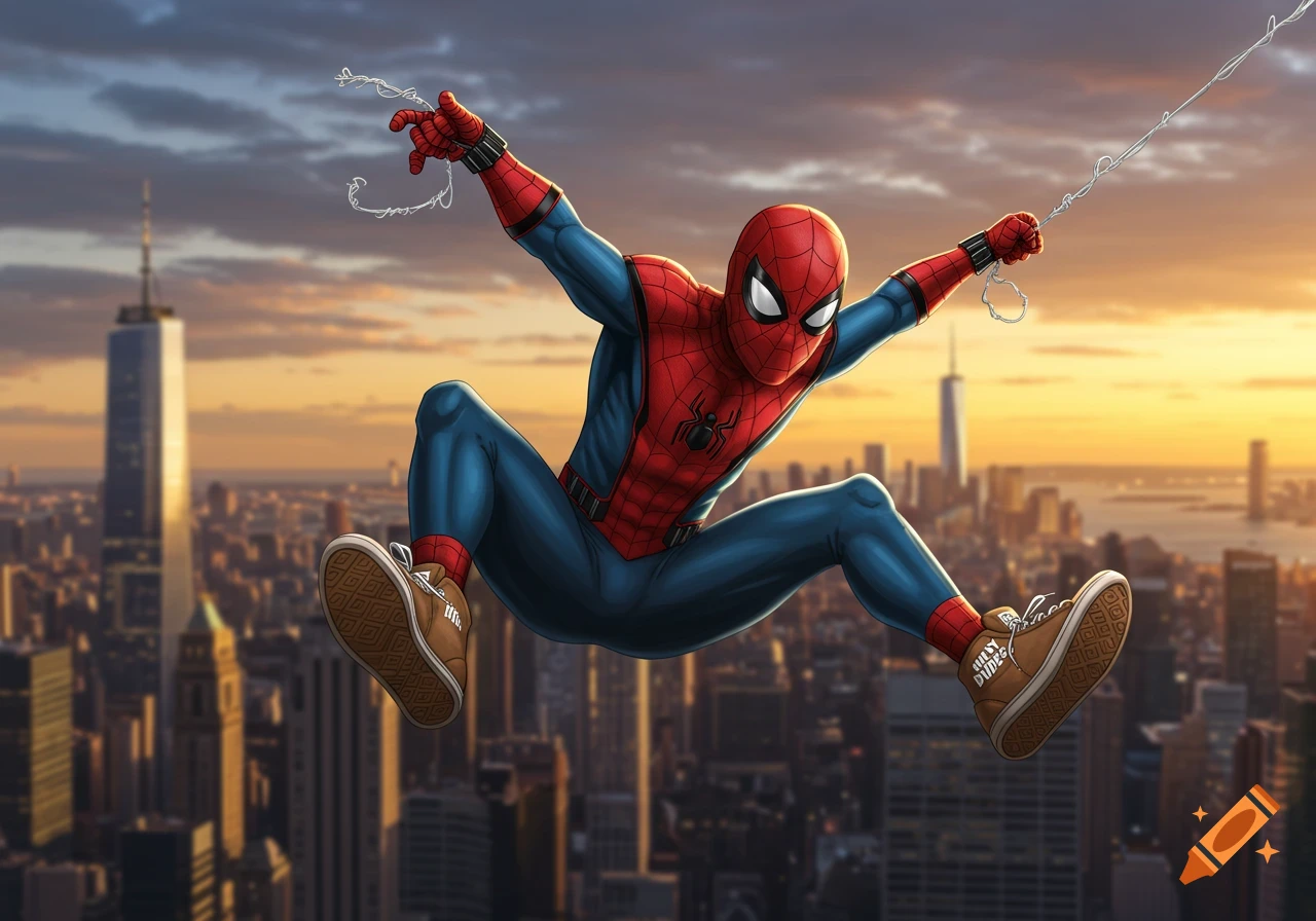 An illustrated Spider-Man in his red and blue suit swings above a city at sunset, wearing brown shoes.