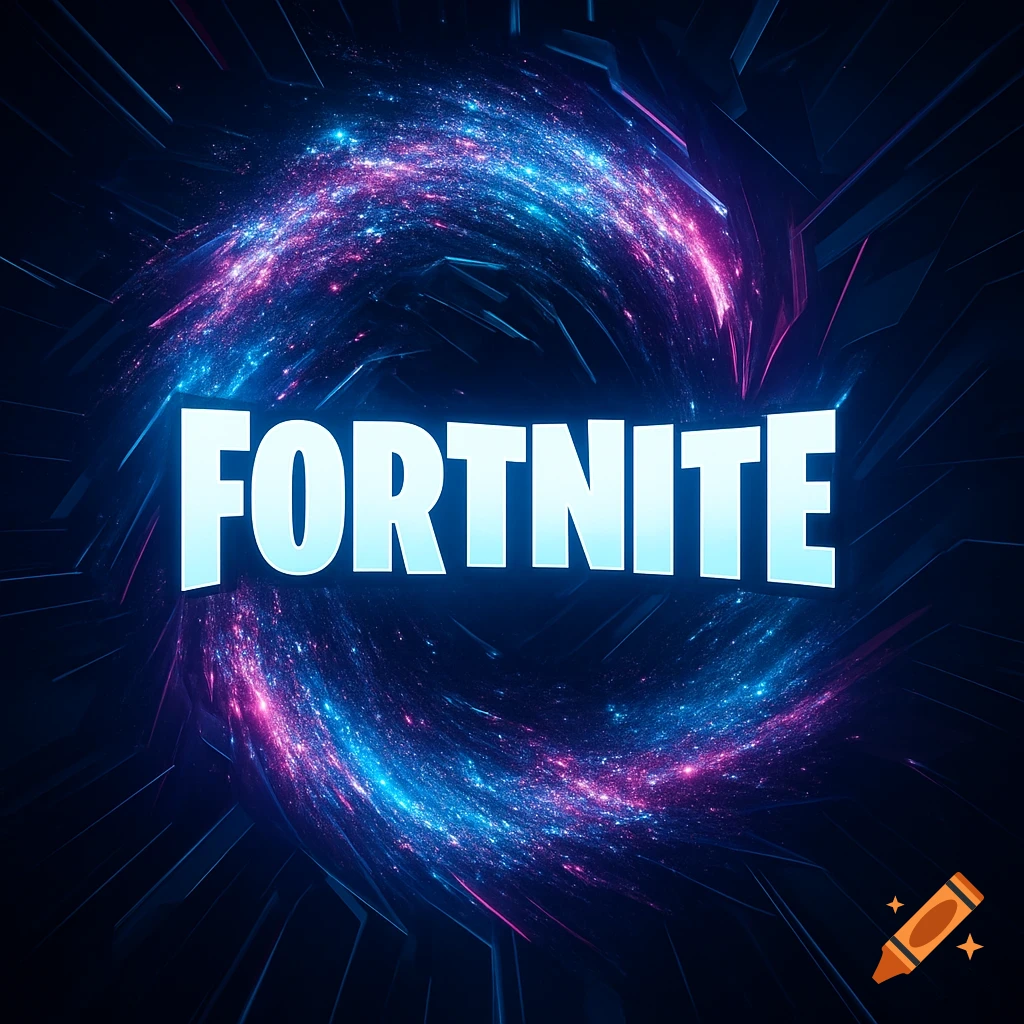 Fortnite logo with a swirling blue and pink cosmic background