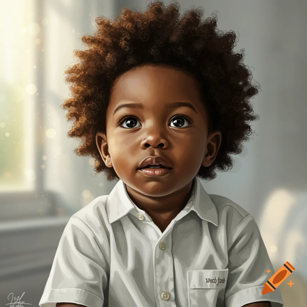 A captivating digital painting of a young black boy with curly hair and big eyes, wearing a white collared shirt.