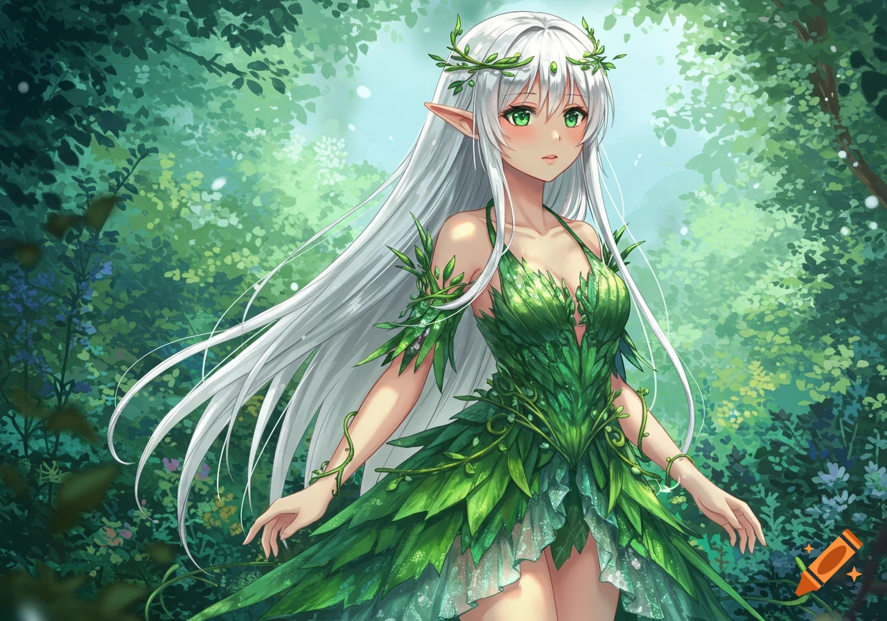 An anime elf girl with long white hair and green eyes, wearing a dress made of green leaves, stands in a forest.