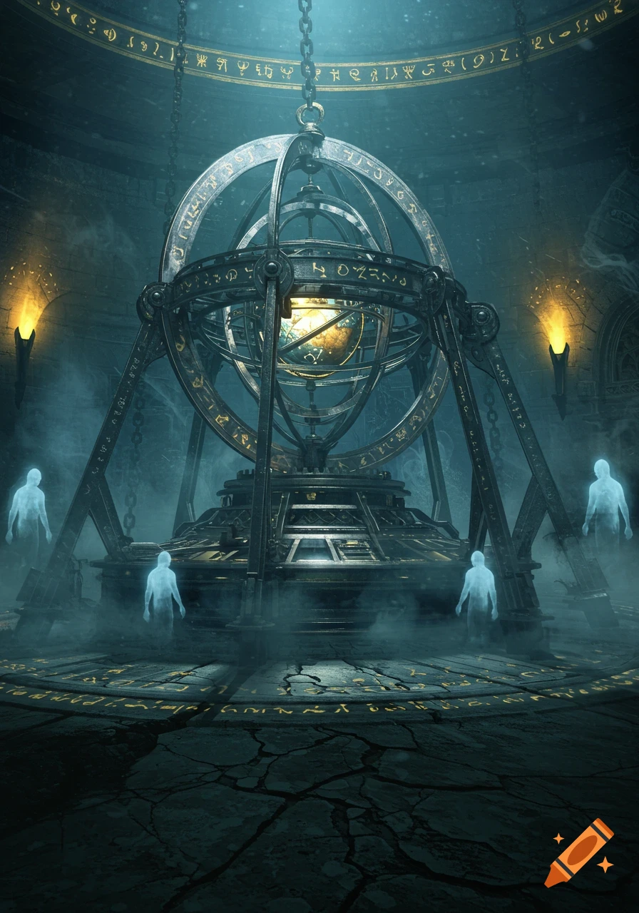 A dark, mystical chamber with a large, ornate metal orrery and glowing sphere, surrounded by four ghostly figures in a foggy, ominous setting.