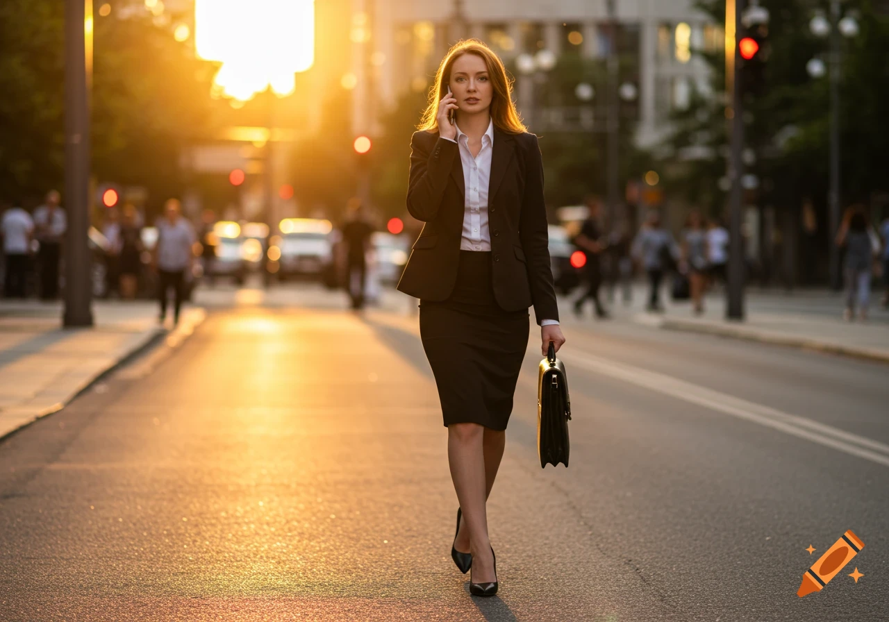 A woman in a black suit walks on a sunlit city street, holding a briefcase and talking on her phone.