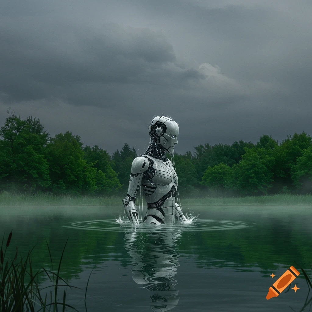 A humanoid robot emerges from a misty lake surrounded by trees under a stormy sky.